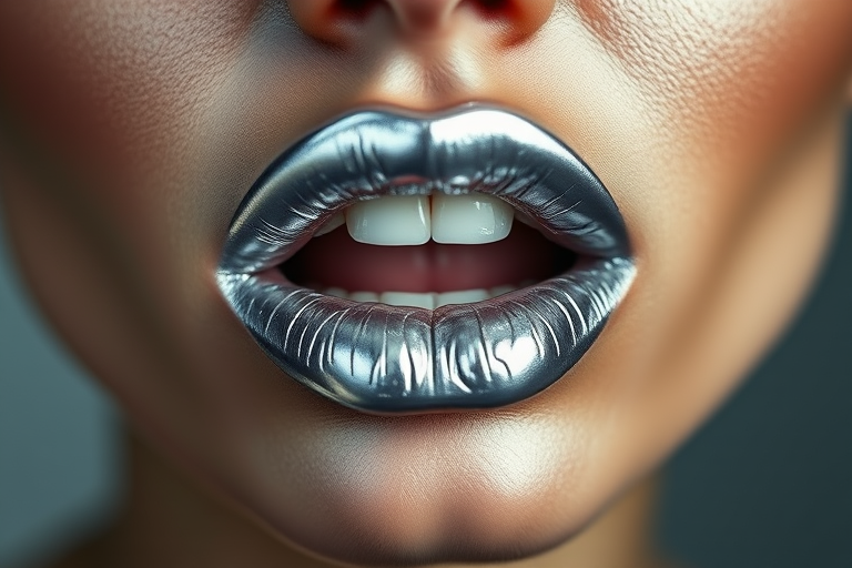 Edgy metallic silver lips reflect light dramatically, creating a futuristic and avant-garde look that pushes the boundaries of traditional beauty