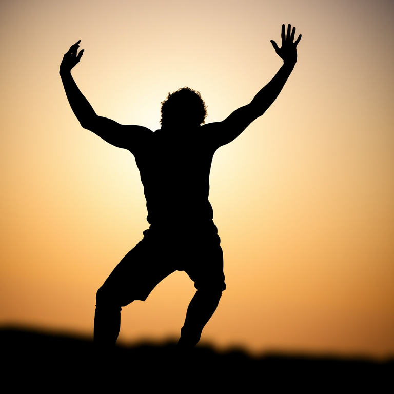 Generate a high-resolution image of a stylized silhouette of a person in a dynamic pose, shot with a DSLR camera at f/2.8, 1/500s, ISO 100, in soft natural light from the side, with a shallow depth of field and a bokeh background.