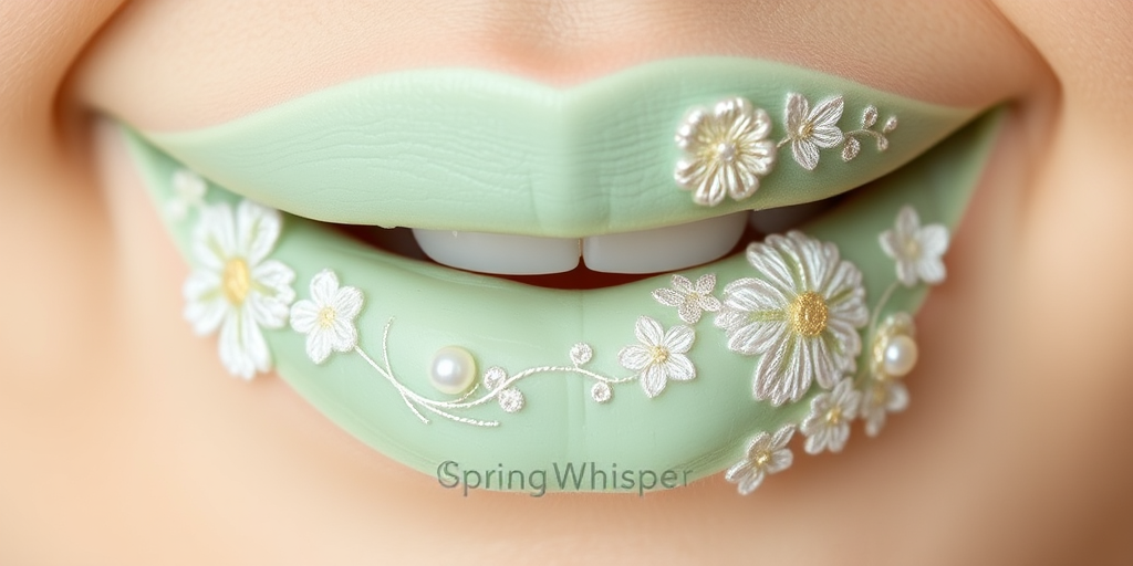 Soft mint green lips with delicate floral embroidery designs, named "Spring Whisper," feature a velvety texture and subtle pearl sheen for garden-inspired tea parties and bridal showers