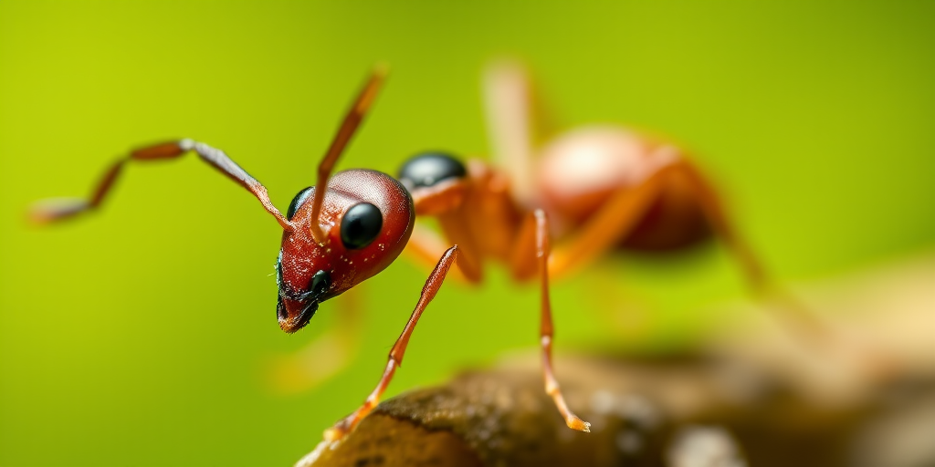 Close-up of an ant with a blurred green background, 100mm macro lens, f/2.8 aperture, ISO 200, shallow depth of field, natural sunlight, high-resolution DSLR camera.
