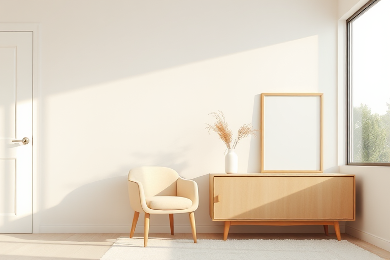 interior of a minimalist room featuring a light beige chair next to a modern low cabinet with a blank frame and a vase with dried flowers, soft natural light from a large window, shot with a DSLR camera at f/2.8, ISO 100, 50mm lens, golden hour lighting for warm tones