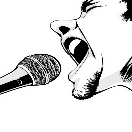 Generate a high-contrast black and white illustration of a person yelling into a microphone, close-up view, with a shallow depth of field, using a DSLR camera at f/2.8 aperture, ISO 100, and 50mm lens.