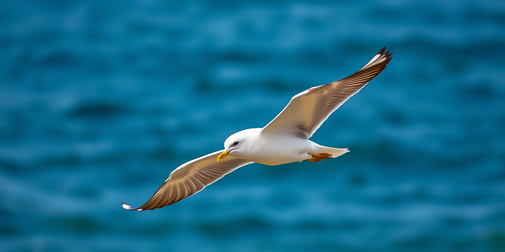 A soaring seagull in flight over a blurred natural background, taken with a Canon EOS R5, 1/2000 sec shutter speed, f/4 aperture, ISO 100, 35mm lens, capturing vibrant colors and sharp details in the feathers.