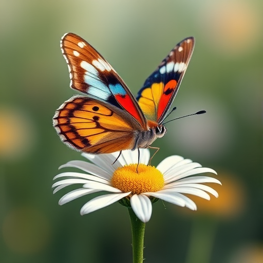 Create an illustration of a butterfly perched on a daisy flower with vivid colors and fine details, using a DSLR camera with a macro lens, aperture set to f/2.8, ISO 100, and a soft focus background to enhance depth and clarity.