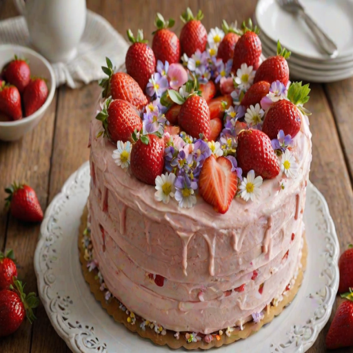 Create an image of a beautifully decorated strawberry cake. The cake should have a creamy white frosting and be topped with fresh strawberries, edible flowers, and a sprinkle of decorative elements. The setting should have a rustic wooden table with natural lighting, and there should be some additional strawberries and a small bowl of strawberry sauce nearby.