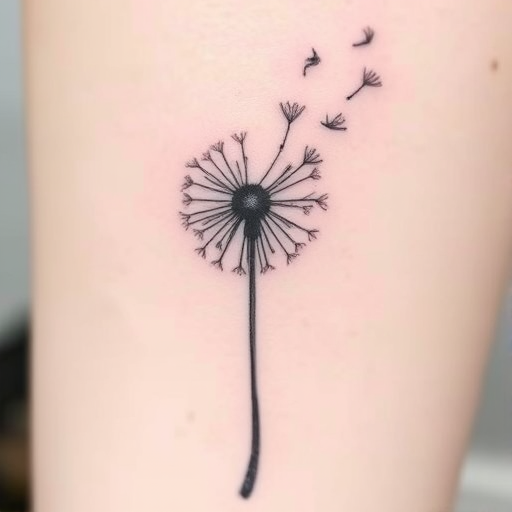 Fine line tattoo illustrating a detailed botanical drawing of a dandelion with seeds floating away, emphasizing delicate linework and negative space, named "Whispers of Wishes"