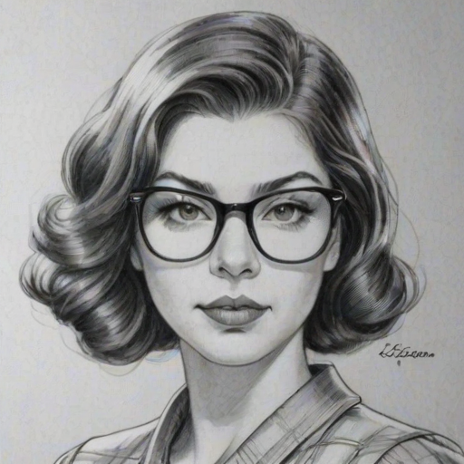 Beauteous Kira Kosarin, pencil sketch, portrait of Wonderful woman 1927s in glasses, hair style beatnik, outline, clear lines, fine lines, 8k
