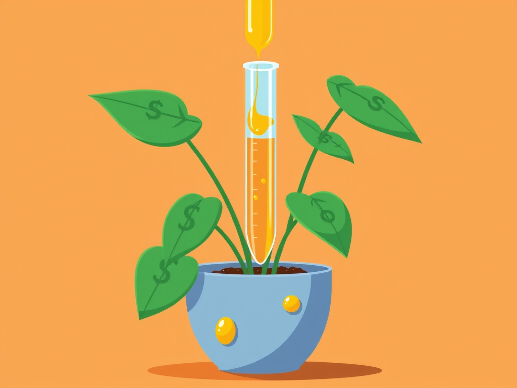 Create an illustration of a potted plant with dollar sign leaves, a test tube dripping a golden liquid above it, set against a vibrant orange background, using a Canon EOS 5D Mark IV camera with an aperture of f/2.8, ISO 100, and a 50mm lens for crisp detail and vibrant colors.