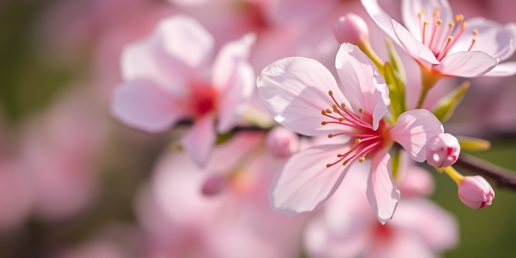 Close-up shot of cherry blossoms in soft focus with a blurred background, capturing delicate pink petals and detailed stamen, natural lighting, aperture f/2.8, shutter speed 1/200s, ISO 200, DSLR camera with macro lens.
