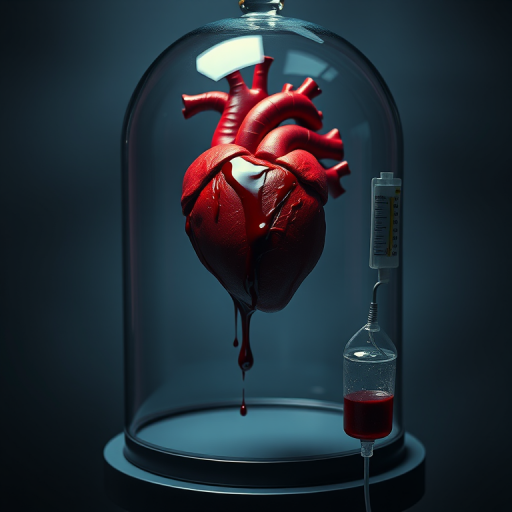 Create a dramatic digital artwork of a heart encased in a glass dome with blood dripping from it, featuring an IV drip hanging beside it, use high contrast colors, set the camera to f/2.8 aperture, ISO 100, shutter speed 1/60s, with a 50mm lens, shot from a slightly low angle to emphasize depth, use a wide-angle perspective to enhance the scene.