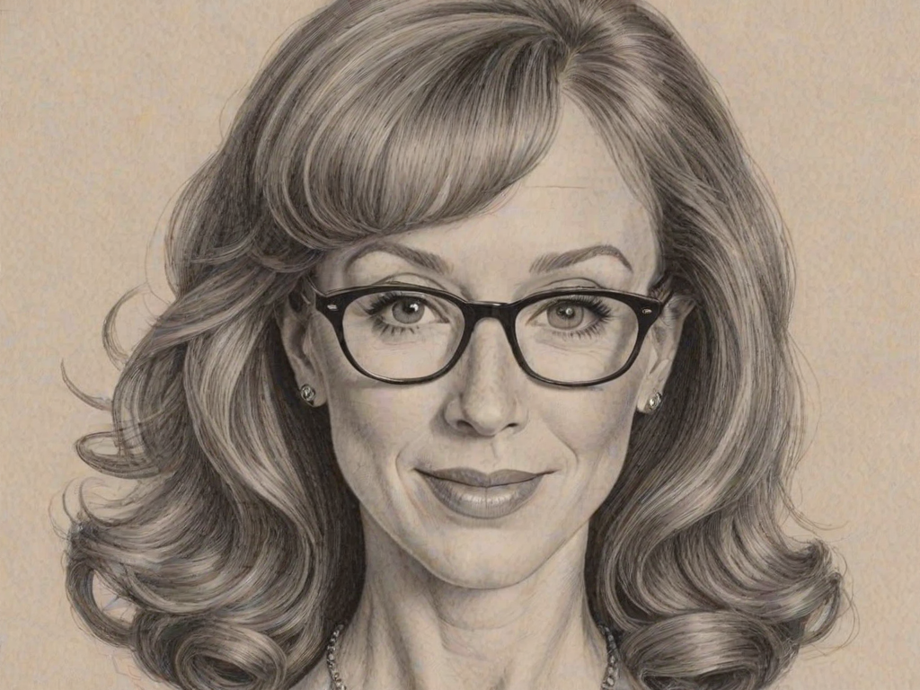 Beauteous Kathy Griffin, pencil sketch, portrait of Magnificent woman 1954s in glasses, hair style beatnik, outline, clear lines, fine lines, 8k