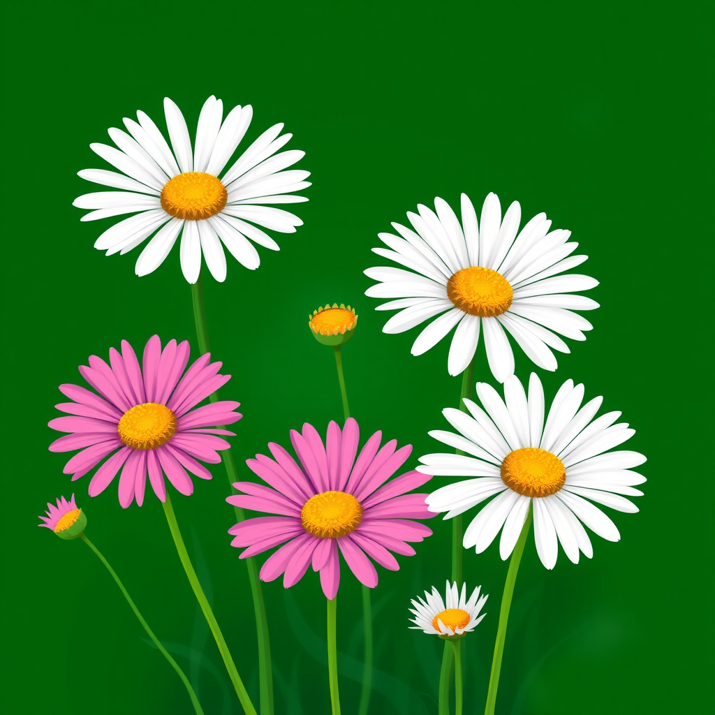 Create a vibrant illustration of daisies in various sizes against a deep green background, using a digital drawing style with a 50mm lens effect, f/2.8 aperture, ISO 100, and a slight blur to create depth.