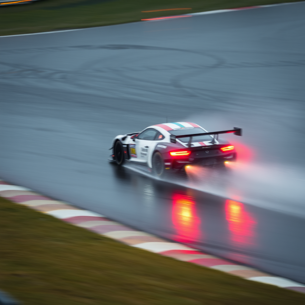 Blurry, action shot of a race car speeding around a corner on a rain-slicked track, water spraying from its tires, with streaks of red and yellow from trackside lights reflecting off the wet pavement.