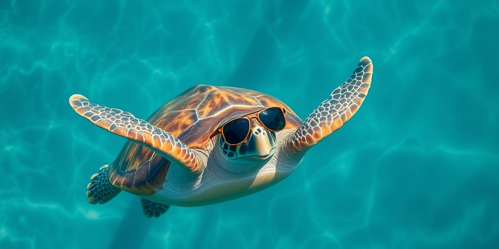 Create a hyper-realistic image of a sea turtle with aviator sunglasses swimming gracefully in clear blue water, captured with a Canon EOS R5, 50mm f/1.2 lens, aperture set to f/2.8, ISO 100, and a shutter speed of 1/250s, using a top-down view to emphasize vibrant colors and details.