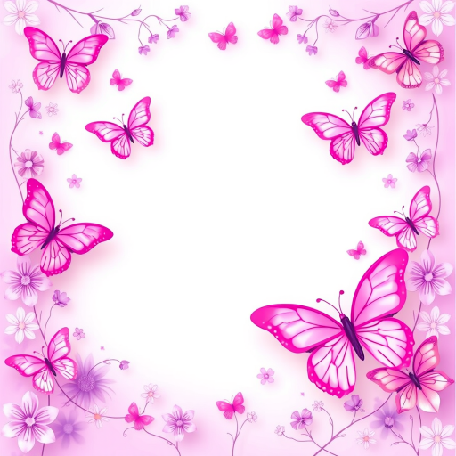 Create a vibrant and whimsical border design featuring various butterflies in shades of pink and purple. The center should be left blank for text, while the butterfly motifs should be delicately arranged in the corners and along the edges, creating a soft, inviting atmosphere. Include subtle floral elements in the background to enhance the overall aesthetic.