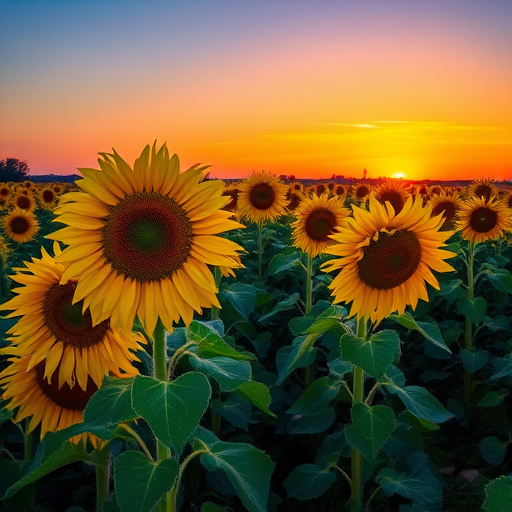 sunflower field at sunset with vibrant colors and clear sky, f/8 aperture, ISO 200, 1/100 sec shutter speed, wide-angle lens, DSLR camera, natural lighting, high dynamic range.