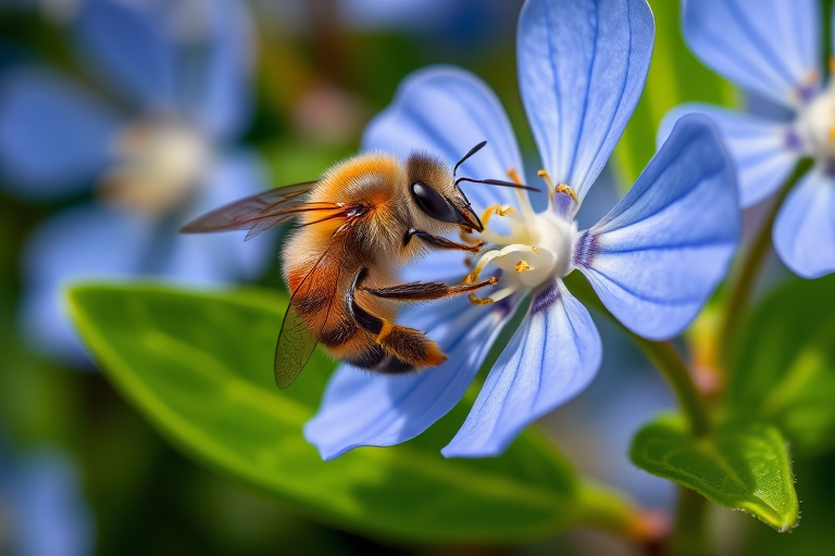 close-up of a bee collecting nectar from a blue flower with lush green leaves in the background, shot with a DSLR camera at 100mm focal length, aperture f/2.8, ISO 200, natural lighting, macro photography style