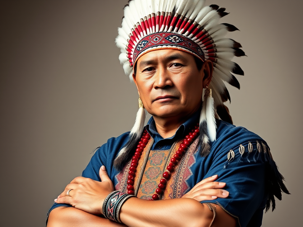 Create a dignified portrait of a Native American man dressed in traditional attire. He wears a beautifully crafted headdress adorned with white feathers and red beads, along with a beaded headband featuring intricate patterns. His clothing includes a deep blue, patterned shirt and a traditional chest piece with detailed beadwork. His arms are crossed, displaying leather armbands decorated with feathers. The background is simple and neutral, emphasizing his proud and stoic expression. The overall image captures the rich cultural heritage and strength of his persona.