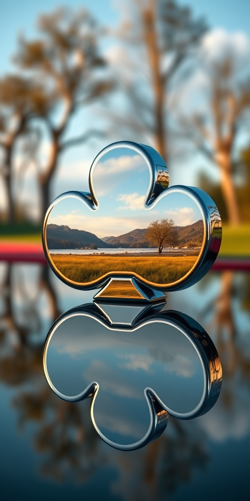 create a highly reflective 3D rendering of a club symbol with a scenic landscape reflected on its surface, use a Canon EOS R5 camera with a 50mm lens, aperture set to f/1.8 for a shallow depth of field, shooting from a low angle to capture the vivid details and enhance clarity, with soft natural lighting for a more dynamic and visually striking image.
