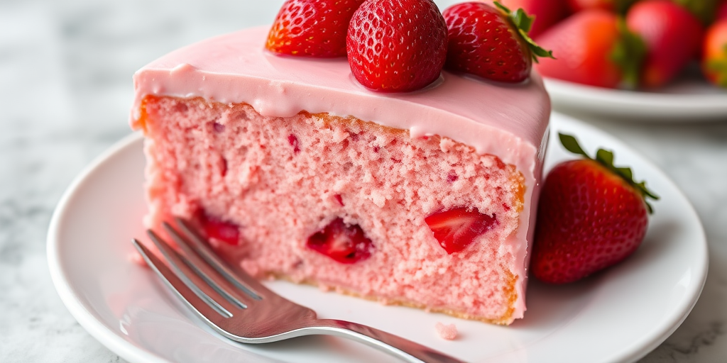 A slice of pink strawberry cake with a smooth frosting and fresh strawberries on a white plate with a fork beside it, showcasing the moist texture and fruity bits inside the cake.