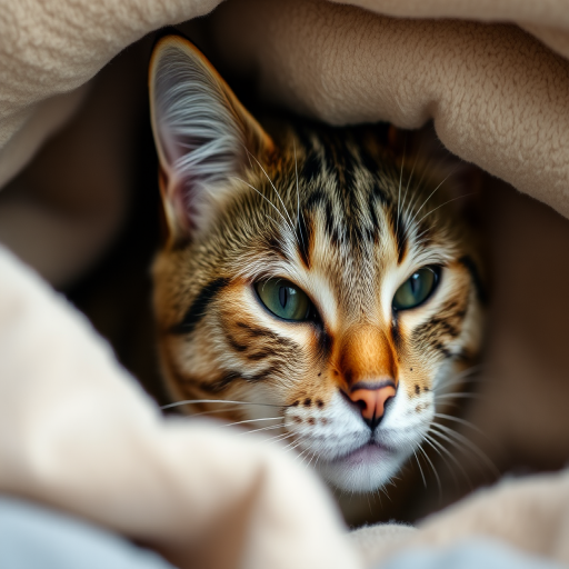 a close-up of a relaxed tabby cat peeking out from under soft bedding with a calm expression and one eye visible