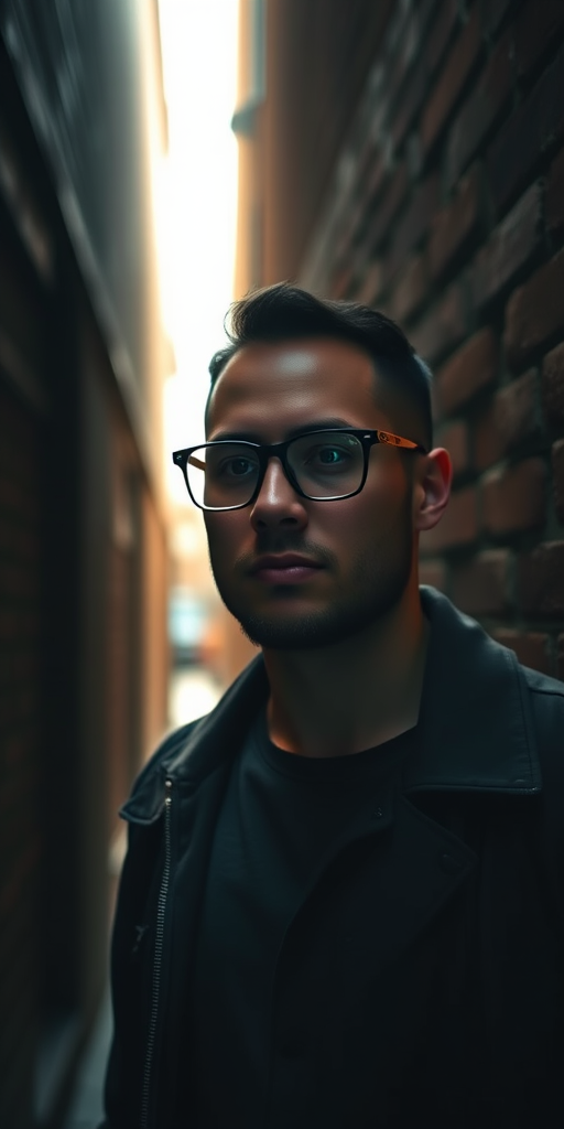 portrait of a man with glasses standing in a narrow brick alley, dramatic lighting, focused depth of field, 50mm lens, f/1.8 aperture, ISO 200, shot with a full-frame DSLR camera in a cinematic style