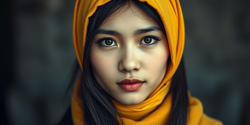 Create a portrait of a young Singaporean woman with long, dark hair and captivating hazel eyes. She is wearing a Yellow headscarf and a matching scarf draped gracefully around her neck. The background is softly blurred, focusing attention on her serene and natural expression. The overall color palette is muted and warm, enhancing the intimate and authentic feel of the portrait.