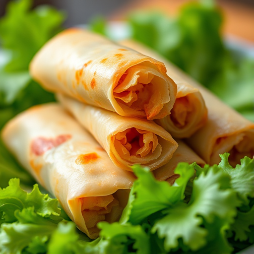 Close-up shot of crispy spring rolls on a bed of fresh lettuce, shallow depth of field, aperture f/2.8, ISO 100, 50mm lens, natural lighting, DSLR camera