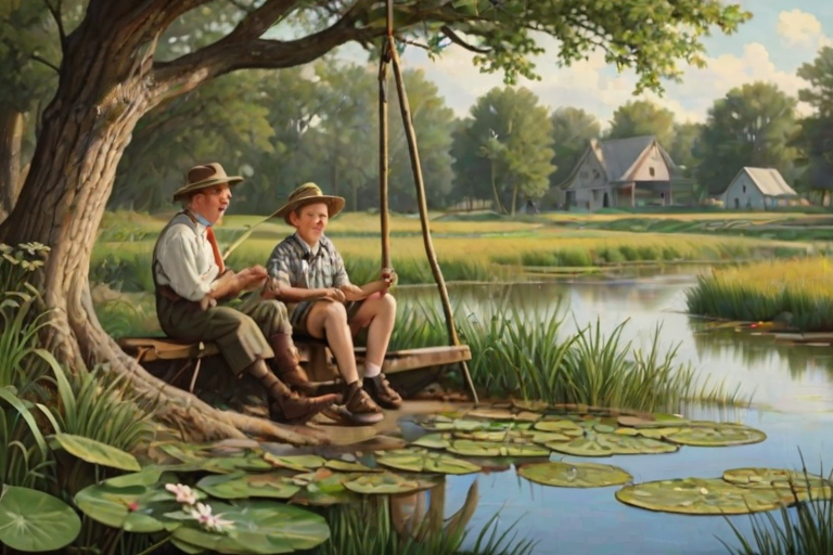 Imagine a small group of old fashioned young boys out fishing by the creek, a swing hanging from a tree branch, reeds and grasses by the water's edge, a frog sitting on a lily pad, dragonflies hovering over som water plans, a very iconic old fashioned scene reminiscent of a Norman Rockwell painting style