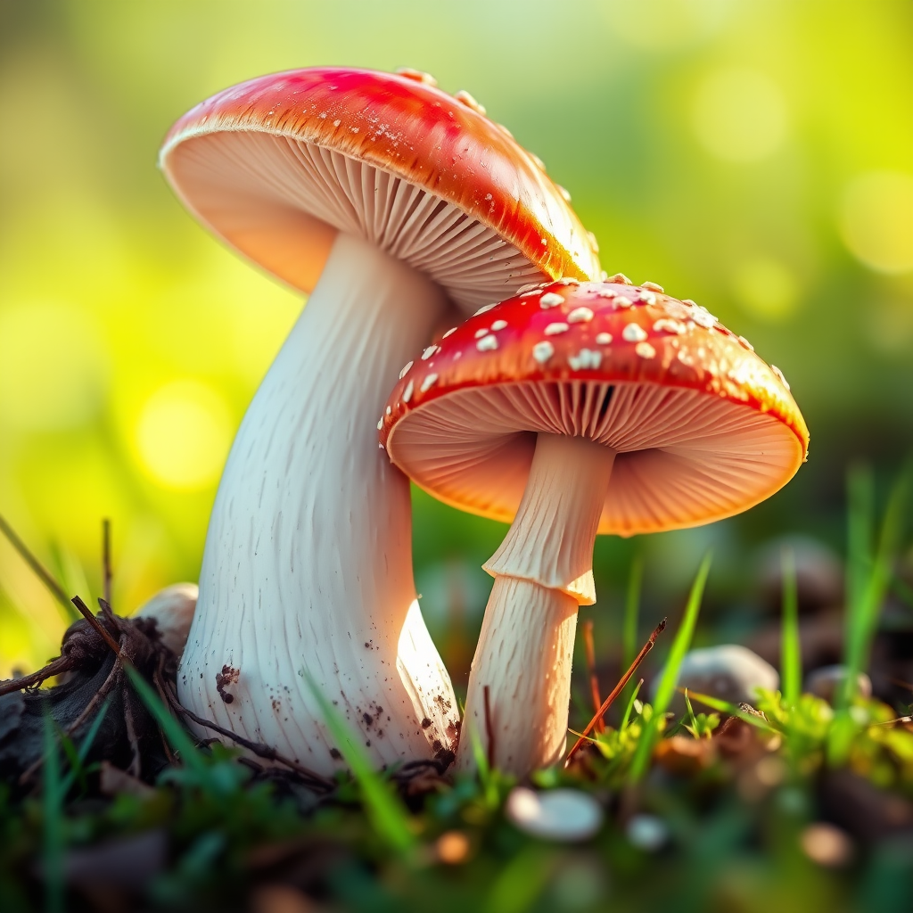 Create a high-resolution illustration of two mushrooms, using a macro lens with an aperture of f/2.8 to achieve a shallow depth of field, shot from a low angle to emphasize detail and texture, in a bright and vibrant color palette, digital artwork style.
