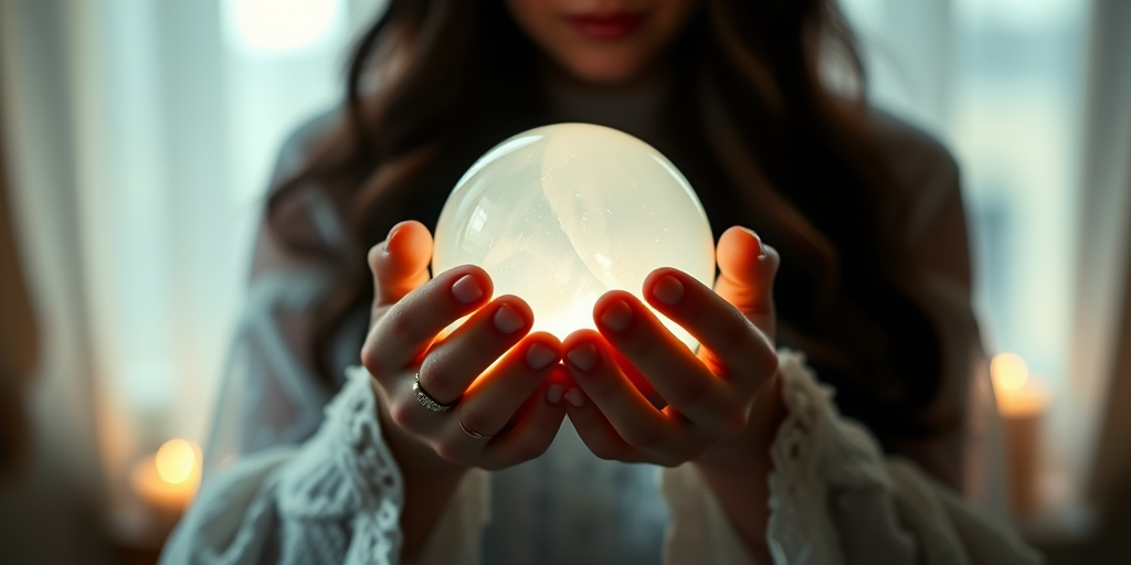 Create an ethereal scene of a fortune teller holding a glowing crystal ball, with soft, diffused lighting, using a Canon EOS R5 with a 50mm f/1.2 lens at ISO 200, f/2.8, shutter speed 1/125s, in a shallow depth of field to emphasize details in the hands and crystal ball while softly blurring the background.