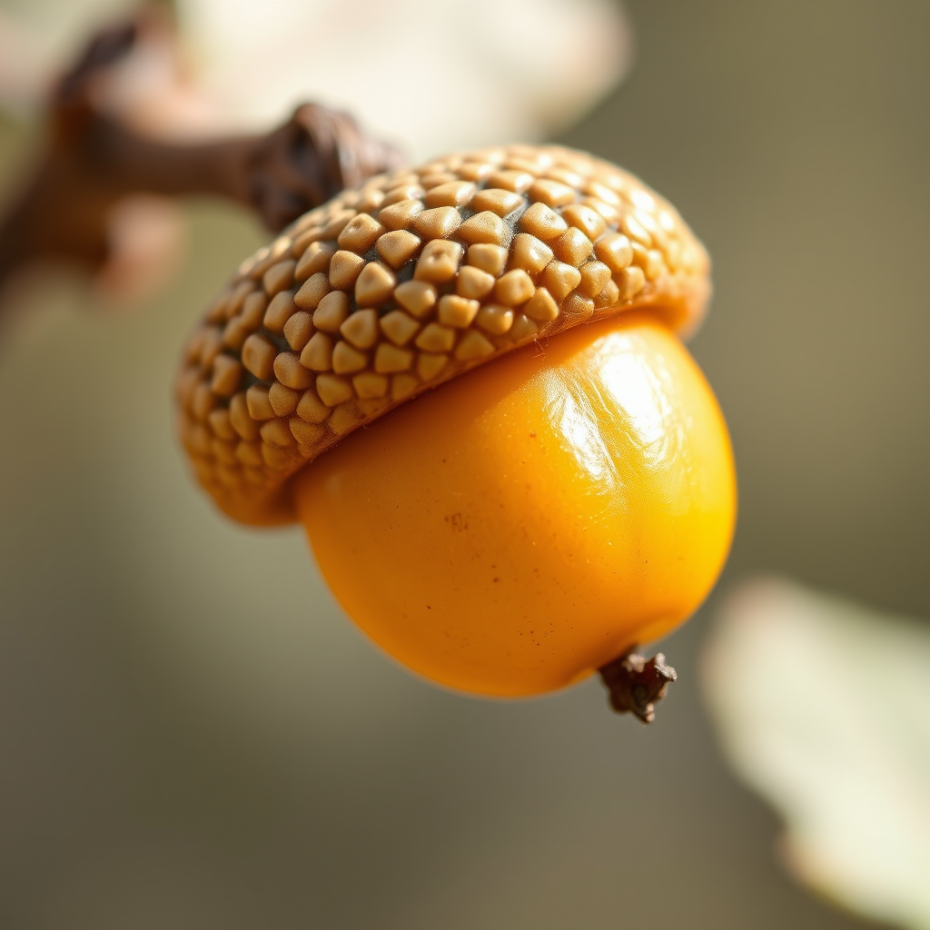Regenerate a high-resolution image of a golden acorn with a brown cap, use a macro lens with a shallow depth of field, aperture f/2.8, ISO 100, shot from a 45-degree angle, with bright, natural lighting for enhanced detail and color saturation.