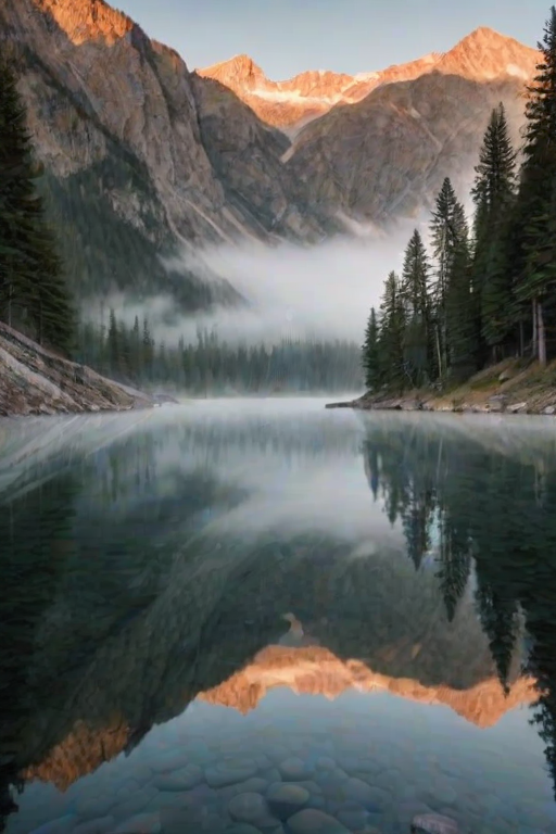 Sharp, high-resolution photo of a tranquil mountain lake at dawn, the water perfectly reflecting the snow-capped peaks, soft mist rising from the surface, pine trees lining the shore, and a serene, peaceful atmosphere.