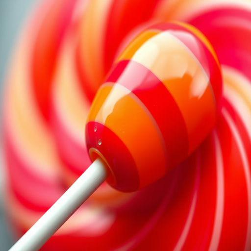 Create a vibrant illustration of a colorful lollipop with red and orange hues, using a DSLR camera with a 50mm lens, aperture set to f/2.8, ISO 100, focused view, natural lighting, and high dynamic range for enhanced image quality.