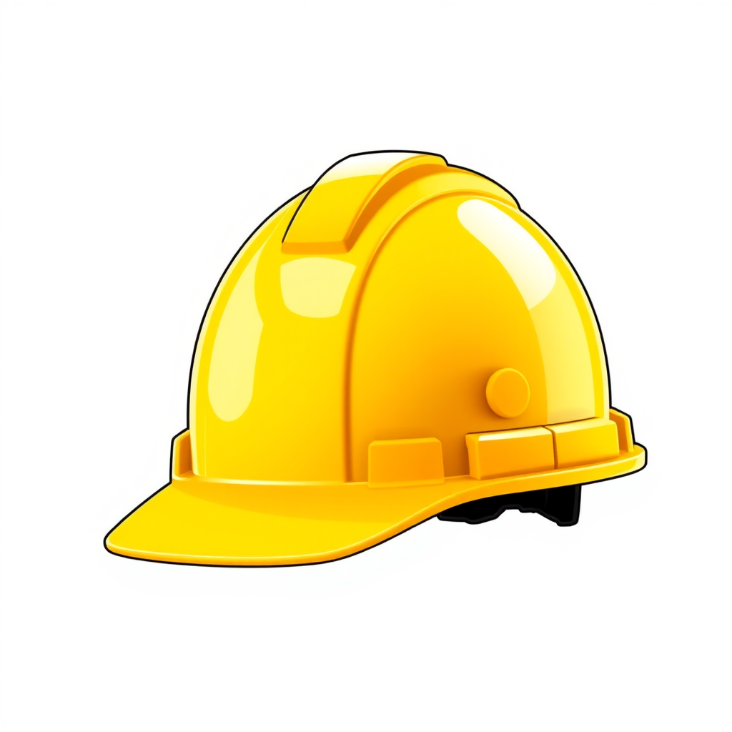 create a high-resolution illustration of a yellow hard hat with a glossy finish, using a DSLR camera with a 50mm lens, f/2.8 aperture, ISO 100, natural lighting, shot at eye level for clarity and detail