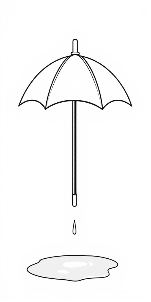 A simple vector line drawing of a closed umbrella that dripped and created a small puddle, in black and white.