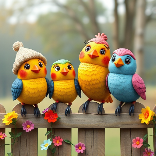 create a scene of 4 quirky  whimsical colourful comical birds each with a funny expression. they are sat on a wooden fence with colourful flowers. they are all different sizes. each one is a different colour  one is wearing a woolly hat. Each one has a different quirky google expression and there is a muted background of trees watercolour paintierly style high definition 8k resolution 3D paper mache