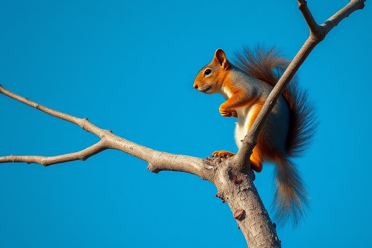 Capture a high-resolution image of a squirrel perched on a tree branch against a clear blue sky using a Canon EOS R5 with a 50mm f/1.8 lens, aperture set to f/2.8, shutter speed at 1/500s, ISO 200, in a vibrant color palette and sharp focus for enhanced detail.