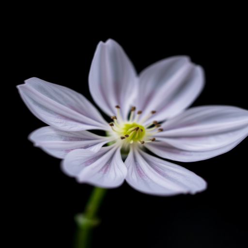 Capture a close-up of a delicate flower on a black background using a DSLR camera with a 50mm lens, f/1.8 aperture, ISO 100, 1/200 sec shutter speed, focused on the flower's intricate details and textures with soft, even lighting.