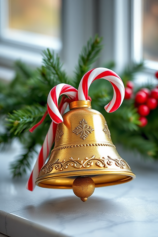Create a high-resolution image of a festive bell with candy canes and greenery, shot with a DSLR camera at f/2.8 aperture, ISO 100, 50mm lens, in natural light, from a slightly elevated angle to enhance the texture and colors.