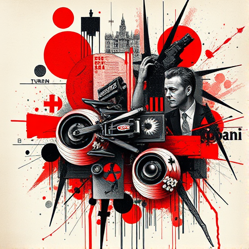 Trash polka tattoo titled "Urban Dystopia" combining bold red and black elements with photorealistic imagery abstract shapes and typographic elements creating a chaotic yet visually striking composition
