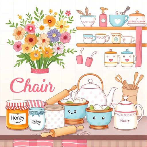 Create a colorful and whimsical kitchen illustration featuring a vase of flowers, various mugs, tea and coffee canisters, a teapot, a polka-dotted kettle, a bowl, baking tools, jars labeled with honey, a rolling pin, and a flour bag, with bright pastel colors, digital illustration style, high resolution, using a graphic tablet.