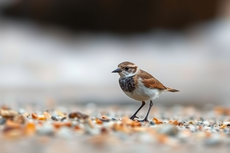 Capture a close-up of a small bird on the shoreline, with a soft focus background, using a DSLR camera, 85mm lens at f/2.8, ISO 200, shutter speed 1/250s, natural lighting, and slightly overcast conditions to enhance colors and details.