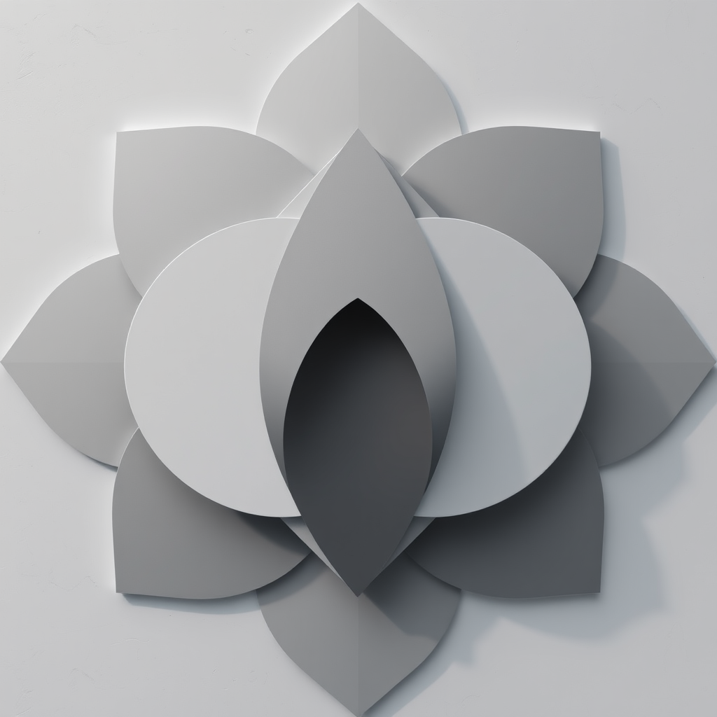 Create an abstract geometric design featuring overlapping shapes in a monochromatic color scheme, captured with a Canon EOS R5 at f/8 aperture, 50mm lens, ISO 100, in natural light with a top-down view for enhanced clarity and detail.
