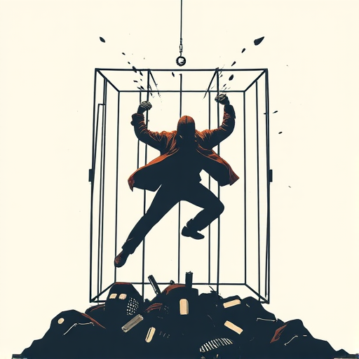 Create a high-resolution illustration of a figure breaking free from a geometric cage, using a Canon EOS R5 with a 50mm lens, set to f/2.8, ISO 100, and a shutter speed of 1/250s, in a dramatic portrait style against a plain background for emphasis on the subject.