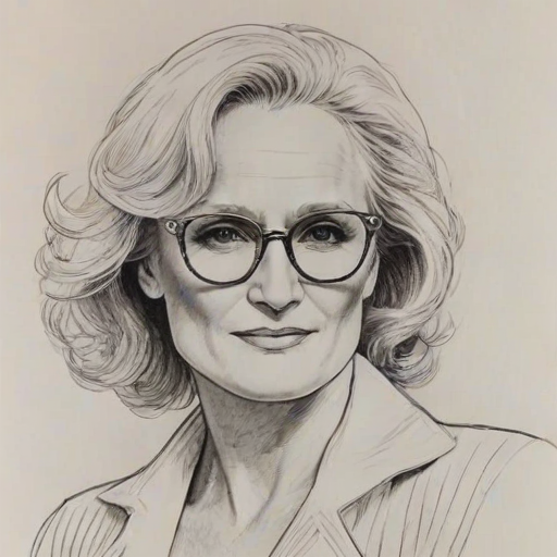 Stunning Glenn Close, pencil sketch, portrait of Alluring woman 1970s in glasses, hair style beatnik, outline, clear lines, fine lines, 8k