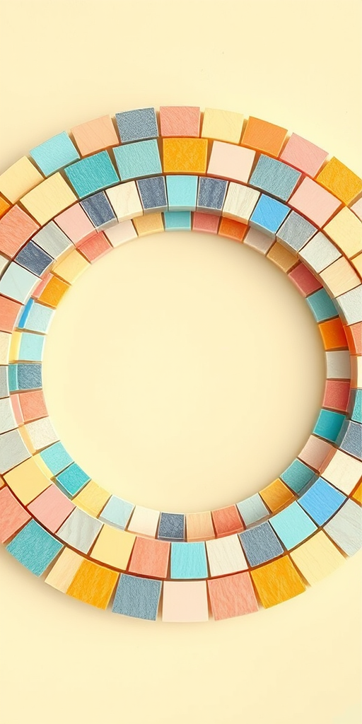 Create a vibrant circular frame with a mosaic of pastel colors, using a Canon EOS R5, f/4, ISO 100, 50mm lens, shot from a top-down view, with soft natural lighting to enhance color richness.