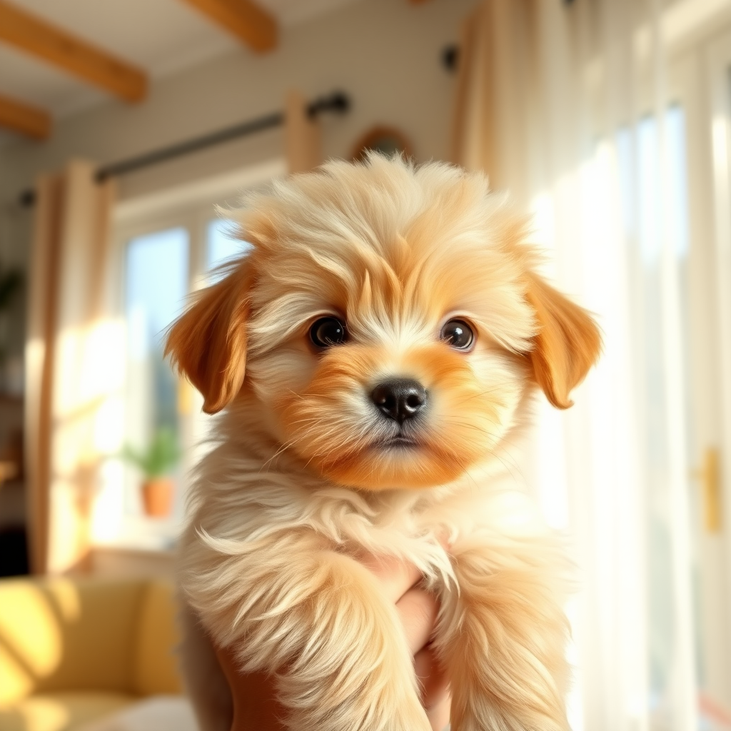 Generate an image of a fluffy light brown puppy being held by a person with a cozy indoor background featuring sunlight and soft textures the puppy has a cute expression with big eyes and a small nose