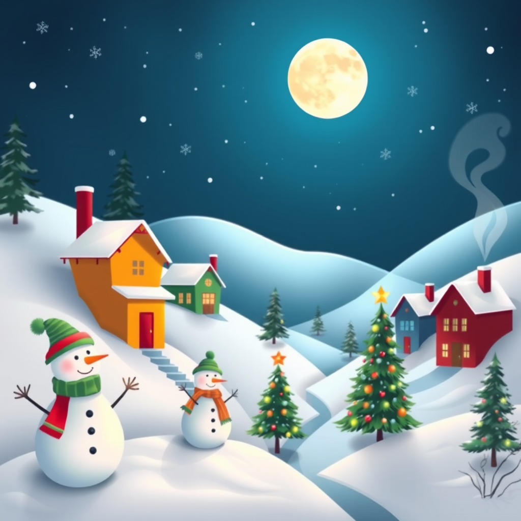 Generate a winter landscape scene featuring colorful houses nestled among snowy hills. Include cheerful snowmen wearing hats and scarves, decorated Christmas trees, and a bright full moon in the night sky. Add gentle snowflakes falling and a cozy smoke rising from the chimneys.