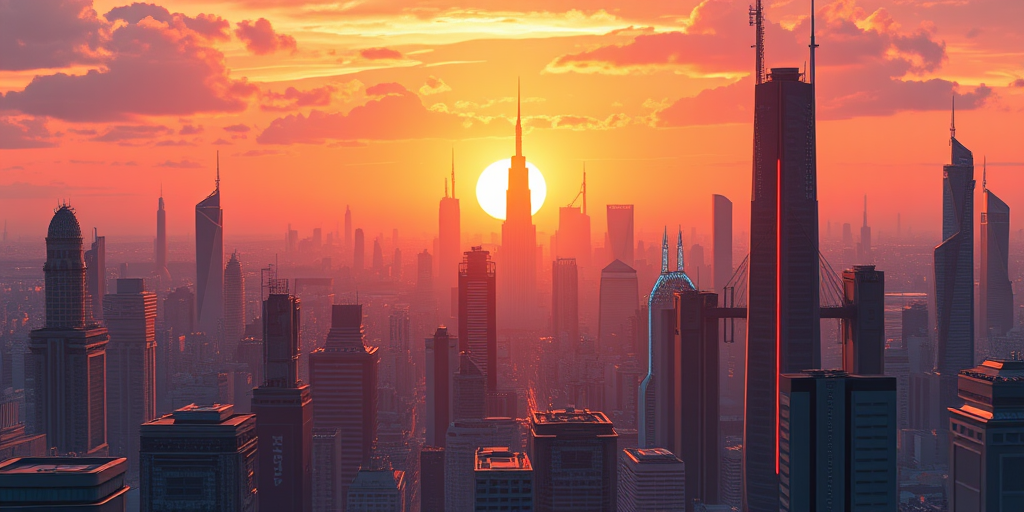 Create a high-quality illustration of a futuristic cityscape during sunset with warm colors, using a DSLR camera with a 50mm lens, f/1.8 aperture, ISO 200, and a panoramic view to capture depth and details.